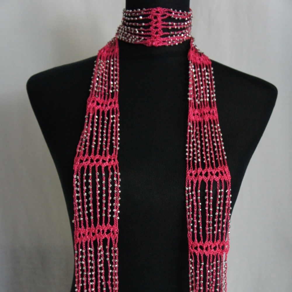 Crochet Beaded Rhinestone Gem Scarf